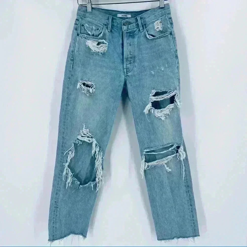 Grlfrnd Helena Straight Jeans Women's‎ 25 Blue High Rise Button Fly Distressed - Picture 3 of 14